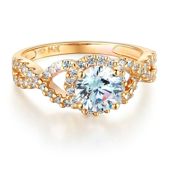 Wellingsale Ladies Solid 14k Yellow Gold Polished CZ Cubic Zirconia Round Cut Halo Engagement Ring with Side Stones - Size 5