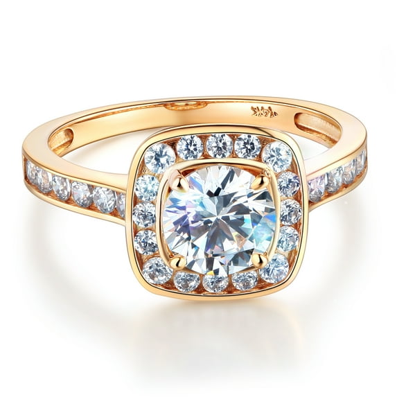 Wellingsale Ladies Solid 14k Yellow Gold Polished CZ Cubic Zirconia Round Cut Halo Engagement Ring with Side Stones - Size 6
