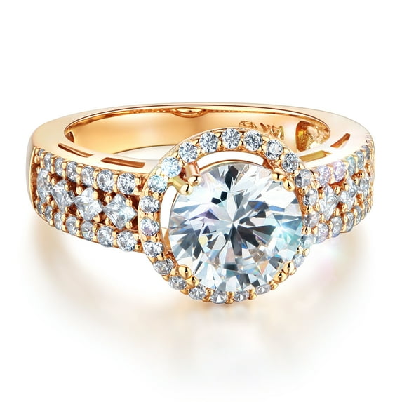 Wellingsale Ladies Solid 14k Yellow Gold Polished CZ Cubic Zirconia Round Cut Halo Engagement Ring with Side Stones - Size 7