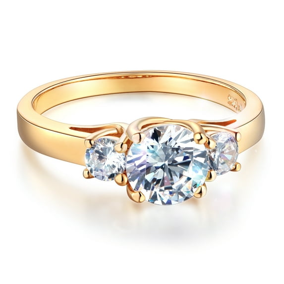 Wellingsale Ladies Solid 14k Yellow Gold Polished CZ Cubic Zirconia Round Cut Three 3 Stone Engagement Ring - Size 5.5