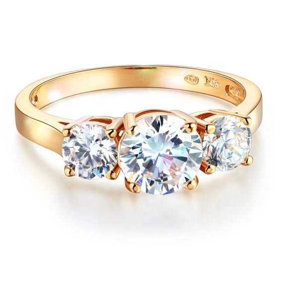 Wellingsale Ladies Solid 14k Yellow Gold Polished CZ Cubic Zirconia Round Cut Three 3 Stone Engagement Ring - Size 9