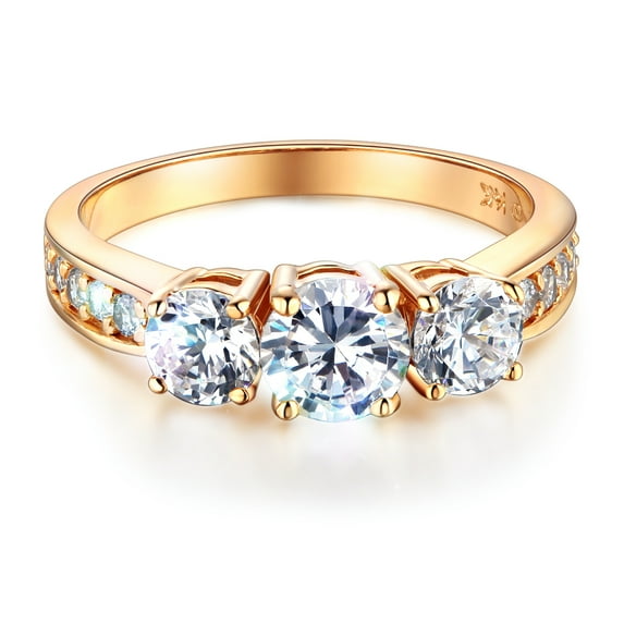 Wellingsale Ladies Solid 14k Yellow Gold Polished CZ Cubic Zirconia Round Cut Three 3 Stone Engagement Ring with Side Stones - Size 7