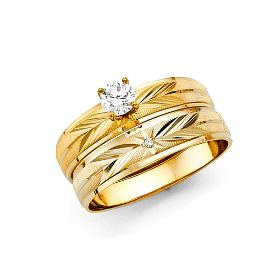 Wellingsale Ladies Solid 14k Yellow Gold Polished Diamond Cut CZ Cubic Zirconia Engagement Ring + Wedding Band Bridal Set - Size 4.5