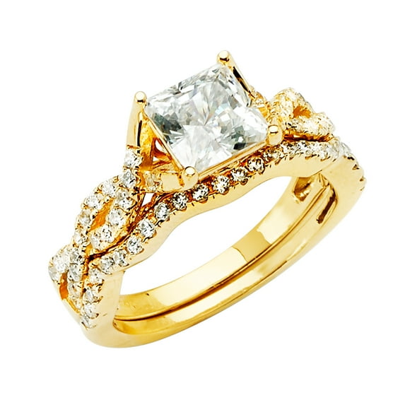 Wellingsale Ladies Solid 14k Yellow Gold Polished Princess 4 Prong CZ Cubic Zirconia Split Shank Infinity Design Engagement Ring + Wedding Band Bridal Set with Sidestones - Size 6