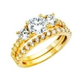 thumbnail image 1 of Wellingsale Ladies Solid 14k Yellow Gold Polished Round 4 Prong CZ Cubic Zirconia 3 Stone Engagement Ring + Wedding Band Bridal Set with Sidestones - Size 4.5, 1 of 3