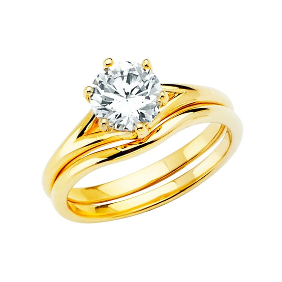 Wellingsale Ladies Solid 14k Yellow Gold Polished Round 6 Prong CZ Cubic Zirconia Split Shank Solitaire Engagement Ring + Wedding Band Bridal Set - Size 4
