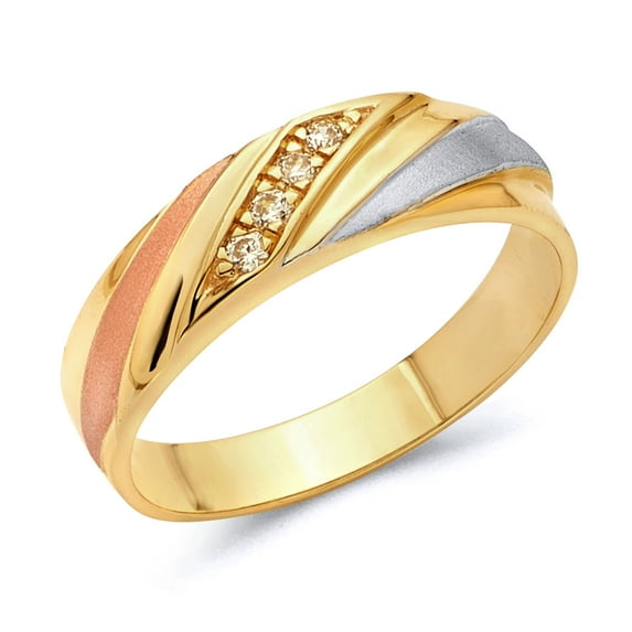 Wellingsale Men's Solid 14k Tri 3 Color Gold Polished CZ Cubic Zirconia Four 4 Stone Wedding Band - Size 12.5