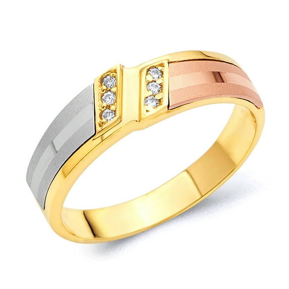 Wellingsale Men's Solid 14k Tri 3 Color Gold Polished CZ Cubic Zirconia Wedding Band - Size 9.5
