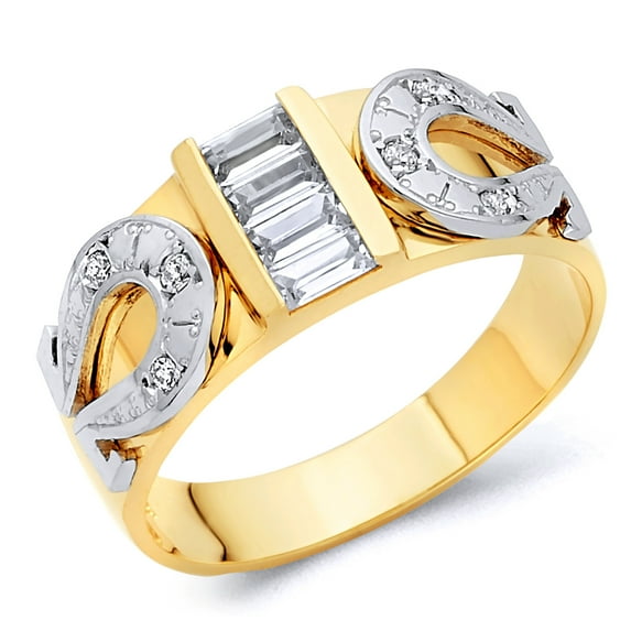 Wellingsale Men's Solid 14k Two 2 Tone White and Yellow Gold Polished CZ Cubic Zirconia "Lucky Horseshoe" Wedding Band - Size 8.5