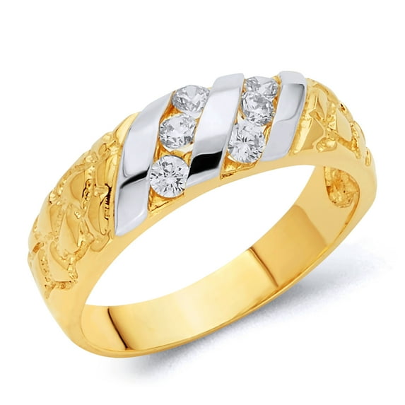 Wellingsale Men's Solid 14k Two 2 Tone White and Yellow Gold Polished CZ Cubic Zirconia Wedding Band - Size 10.5
