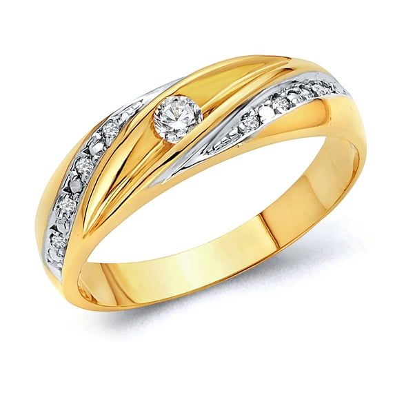 Wellingsale Men's Solid 14k Two 2 Tone White and Yellow Gold Polished CZ Cubic Zirconia Wedding Band - Size 8
