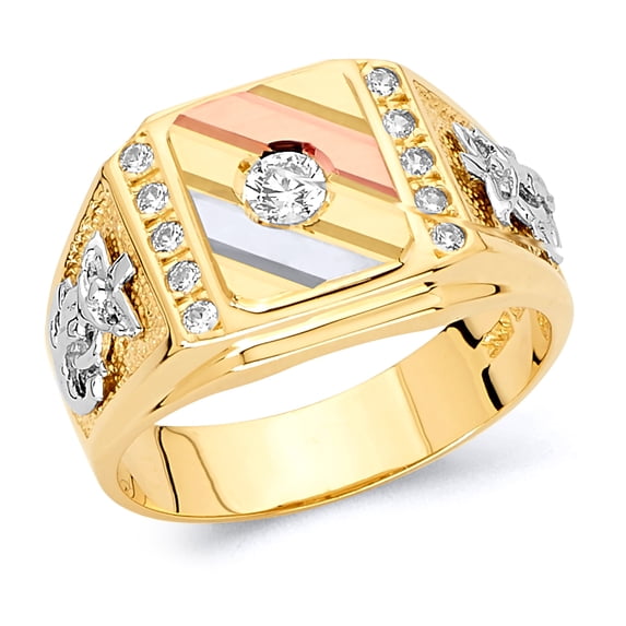 Wellingsale Mens Solid 14k 3 Tri Color White Yellow and Rose / Pink Gold Polished CZ Cubic Zirconia Right Hand Ring Band - Size 8.5