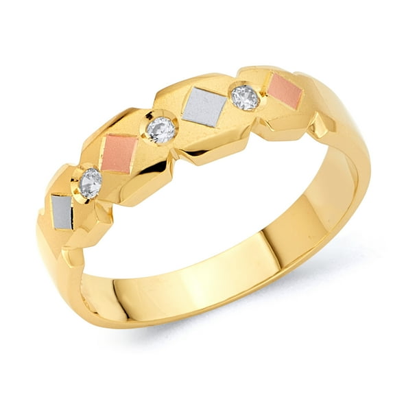Wellingsale Mens Solid 14k 3 Tri Color White Yellow and Rose / Pink Gold Polished CZ Cubic Zirconia Wedding Ring Band - Size 10.5