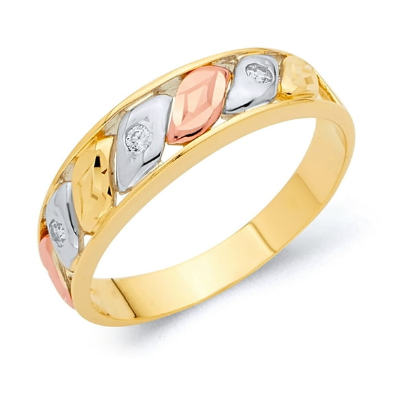 Wellingsale Mens Solid 14k 3 Tri Color White Yellow and Rose / Pink Gold Polished CZ Cubic Zirconia Wedding Ring Band - Size 12.5