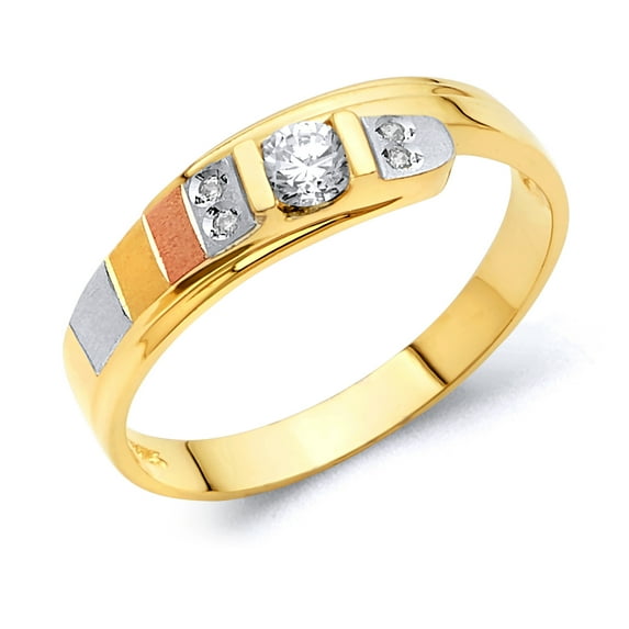 Wellingsale Mens Solid 14k 3 Tri Color White Yellow and Rose / Pink Gold Polished Diamond Cut CZ Cubic Zirconia Wedding Ring Band - Size 10