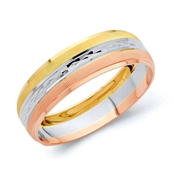 Wellingsale Mens Solid 14k 3 Tri Color White Yellow and Rose / Pink Gold Polished Diamond Cut Wedding Ring Band - Size 13
