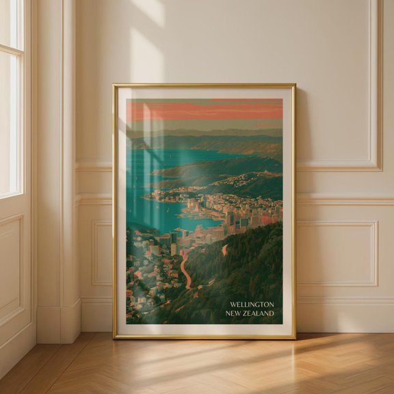 Wellington New Zealand Print Retro Travel City Harbor View Teal Sunset Wall Art Nz Gift, Unframed Paper Print