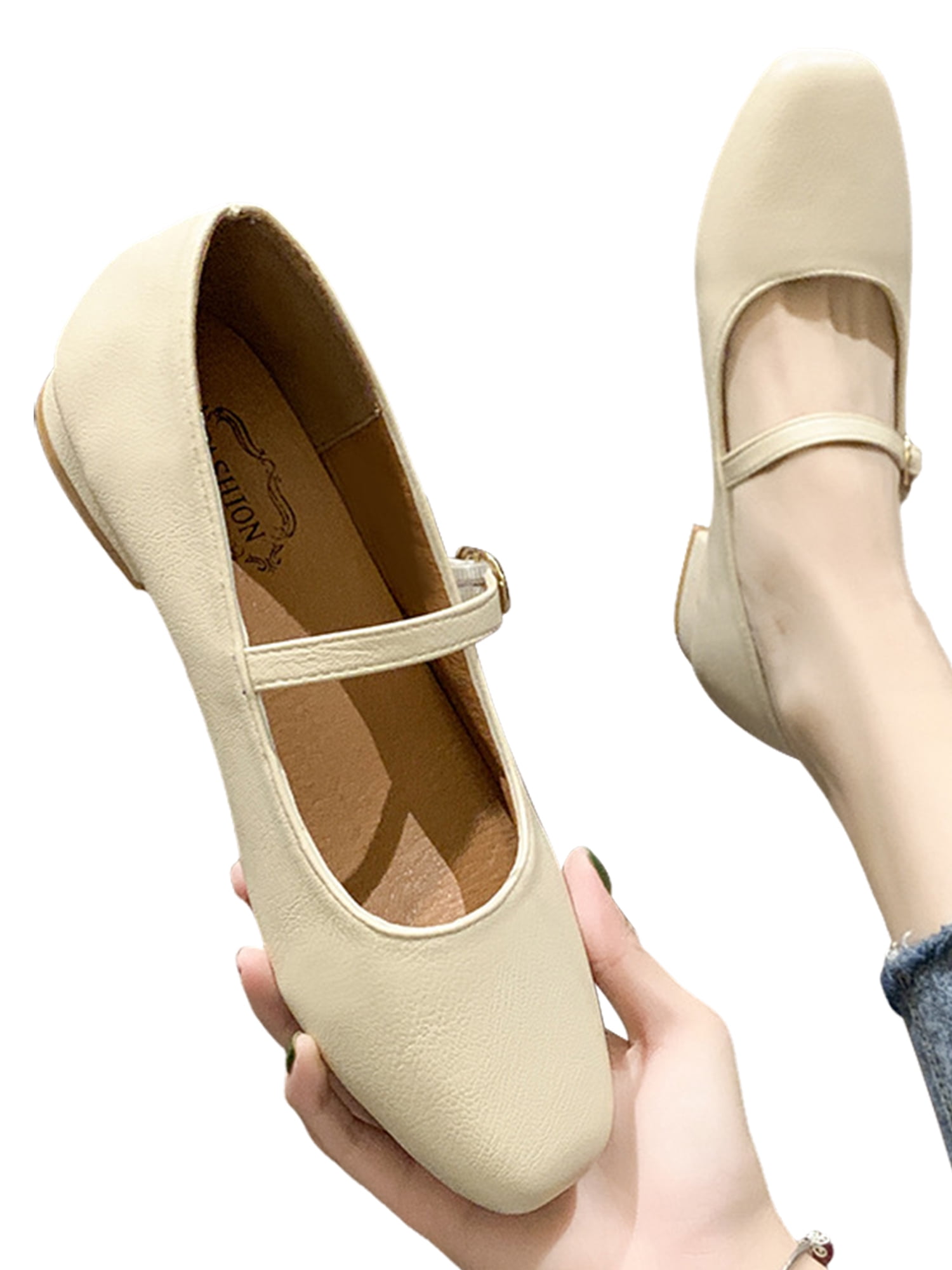 Welliumy Women Dress Shoes Ankle Strap Flats Square Toe Mary Jane Work Ballet Flat Office