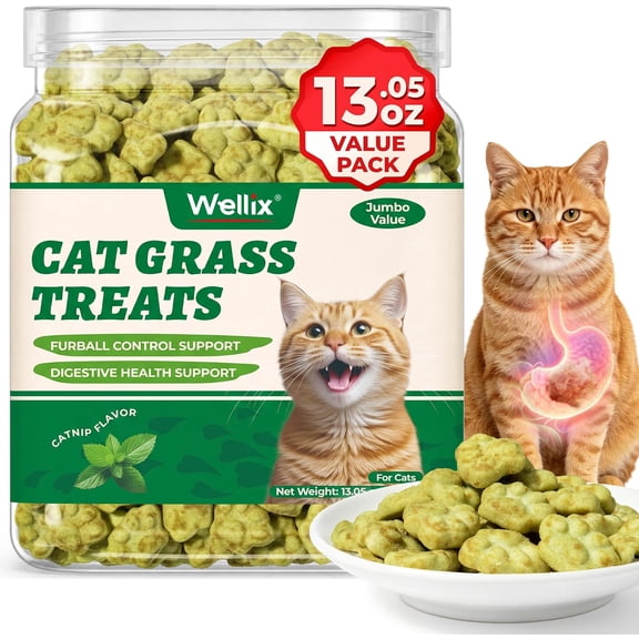 Wellix 13.05oz Cat Grass Treats with Catnip & Salmon - Healthy Cat Treats for Indoor Cats - Hairball Control & Digestive Support - Kittens Training Snacks for Teeth Cleaning