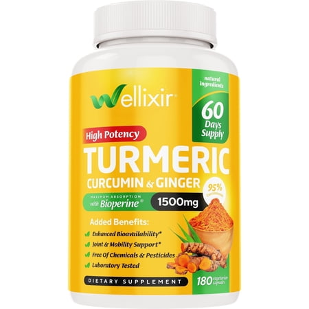 Wellixir Turmeric Supplement Capsules, 95% Curcuminoids w. BioPerine & Ginger Root, 1500mg High Absorption - 120 Caps