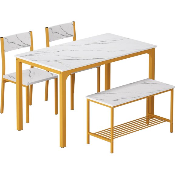 Wellmark 4-Piece Dining Table Set for 4 - Space-Saving Kitchen Set with Bench and Chairs, Ideal for Restaurants and Coffee Shops, Golden