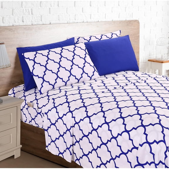 Wellmark 6-Piece Moroccan Trellis Print Sheet Set, Super Cozy, Fade and Wrinkle Resistant, 1500 Premium Hotel Quality Microfiber, Deep Pocket Fitted Sheet with Smart Pockets, Queen, Blue