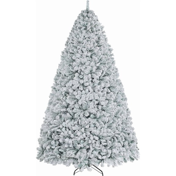 Wellmark 9ft Premium Snow Flocked Hinged Artificial Christmas Fake Spruce Full Tree for Home Office Party Decoration with 2108 Branch/PVC Tips/Foldable Stand