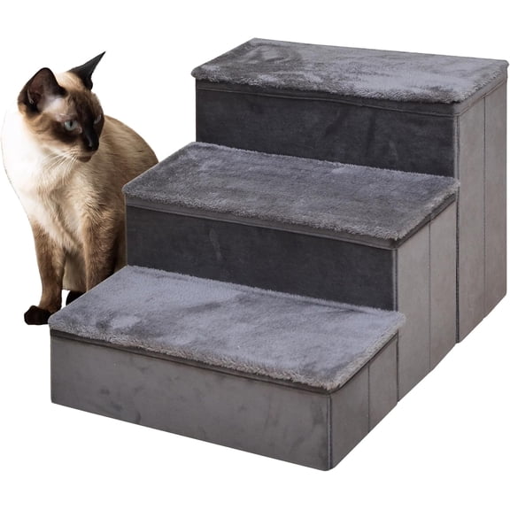 Wellmark Charcoal 3 Step Pet Stairs for Small Dog and Cat, 2-in-1 Foldable and Portable Pet Stairs with Built-in Storage, Soft Steps, Easy to Clean, Great for Small or Senior Pets (Dark Grey)
