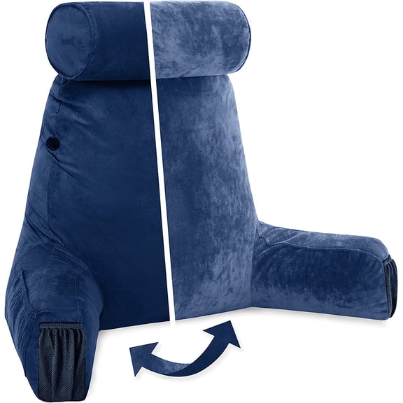 Wellmark Medium Aspen Edition Dark Blue, Sit Up Reading & Bed Rest with Arms, Ultra-Comfy, Detach Neck Roll - Premium Shredded Memory Foam Backrest, Reverses to Micro: Suede or Plush