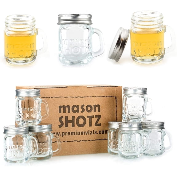 Wellmark - Mini Mason Jar Shot Glasses with Handles (Set of 8) Leak-Proof Lids - Great For Shots, Drinks, Favors, Candles And Crafts