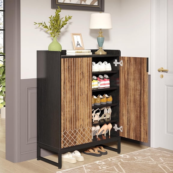 Wellmark Shoe Cabinet with Doors, 6 Tiers Shoe Storage Cabinet for Entryway, 25 Pairs Wooden Shoe Cabinets, Modern Shoe Organizer Storage for Living Room, Bedroom, Hallway, Closet, Black and Brown