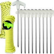 Wellmax 10PC Tent Stakes Heavy Duty with 2 Pack Glow in Dark Polypropylene Rope 3/16" x50ft and 1/4" x50ft
