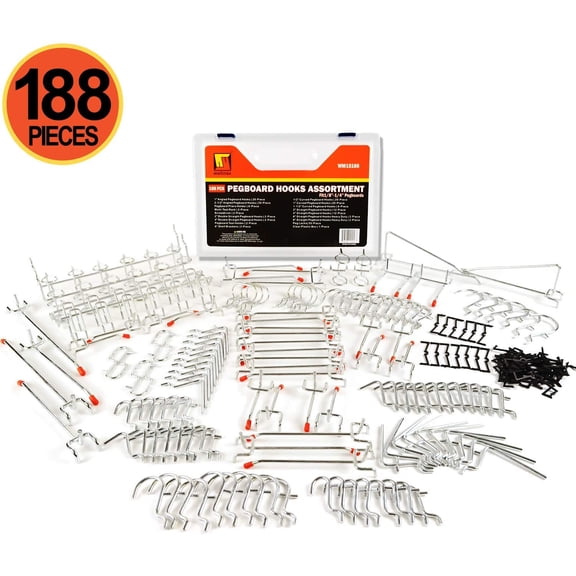 Wellmax 188pc Pegboard Hooks Accessories Assortment, Heavy Duty Peg Board Hook Set, Perfect for tools, crafts, peg boards and pegs attachments. Fits 1/4 and 1/8 inch Peg Holes
