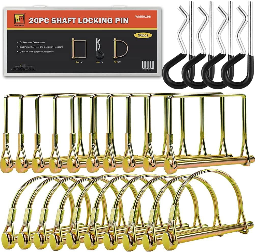 Wellmax 20 Pcs Shaft Locking Pin in 1/4 Diameter Zinc-Plated Heavy Duty Safety Pins, Bonus 4 Pcs Heavy Duty Trailer Hitch Pin for Trailer Lock and Hitch Pin Lock for Farm Lawn Garden Wagons Gold