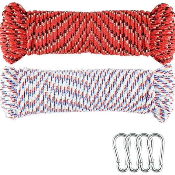 Wellmax 3/16" x 100' Diamond Braided Polypropylene Rope with UV Protection and Weather Resistance, Red/White - 2 Pack