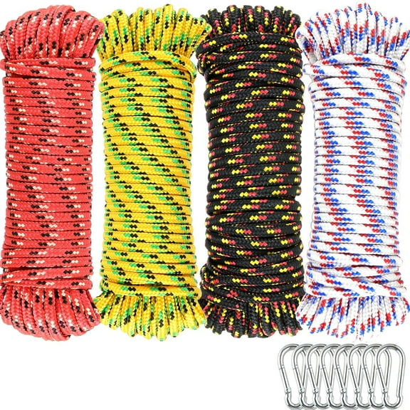 Wellmax 4 Pack 3/16" x 50ft Diamond Braided Polypropylene Rope with UV Treatment and Weather Resistant, Assorted Color