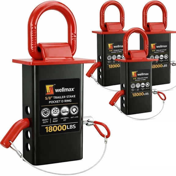 Wellmax 4-Pack Stake Pocket D Rings - Heavy Duty 5/8" Trailer Tie Down Anchors for Utility & Flatbed Trailers - 18,000 LBS Break Strength Removable D Ring with Hitch Pins & Anti-Loss Wire