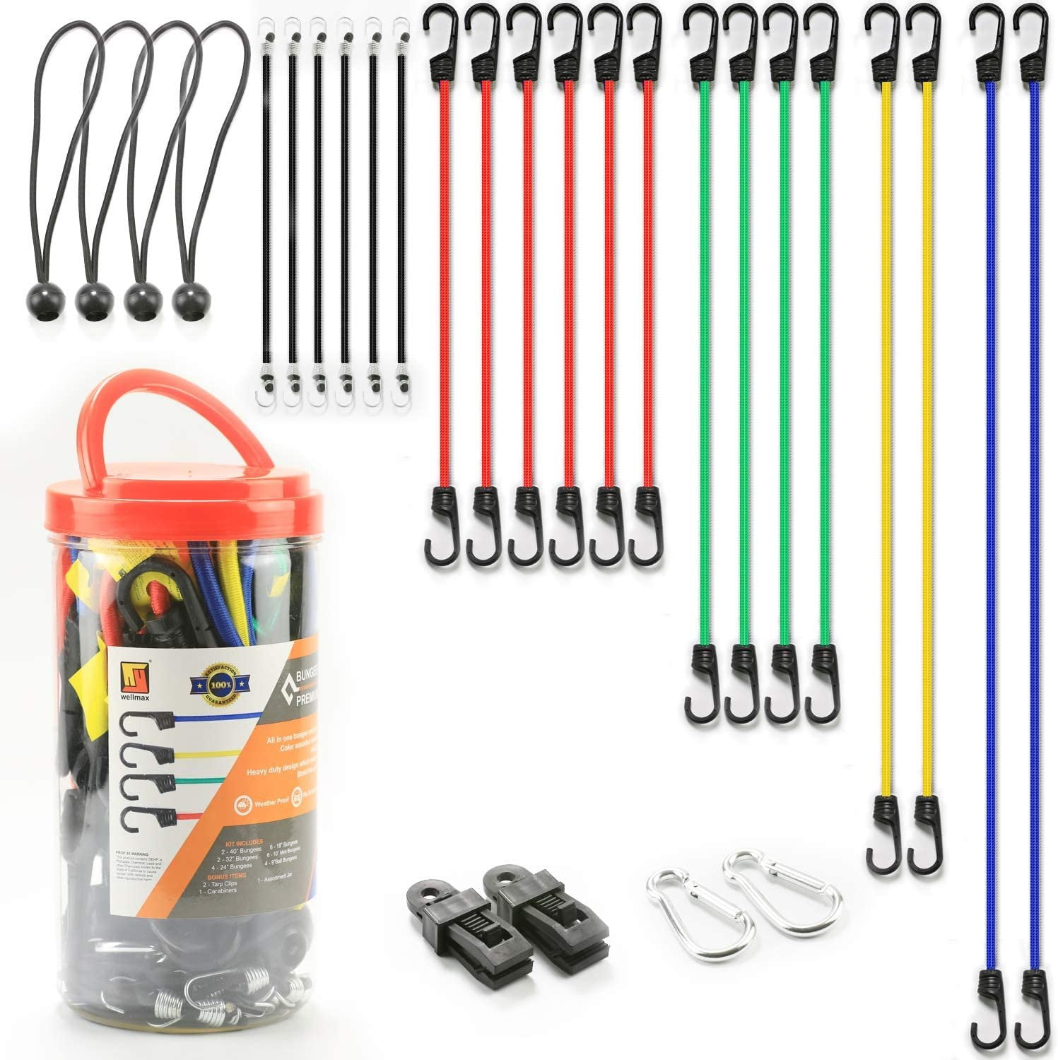 Wellmax Bungee Cords Hook Assortment Jar, 24 Piece Set with Canopy Ties  Plastic Coated Metal Hooks 