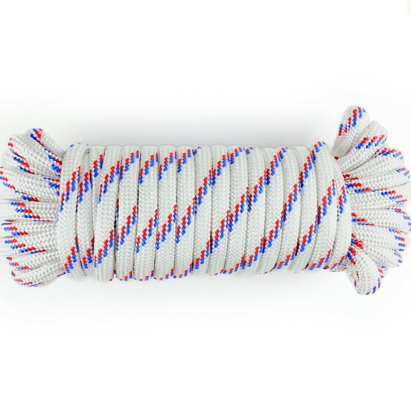 Wellmax Diamond Braid Nylon Rope, 3/8 in X 50 Foot, UV Resistant, High Strength and Weather Resistant - Red and White