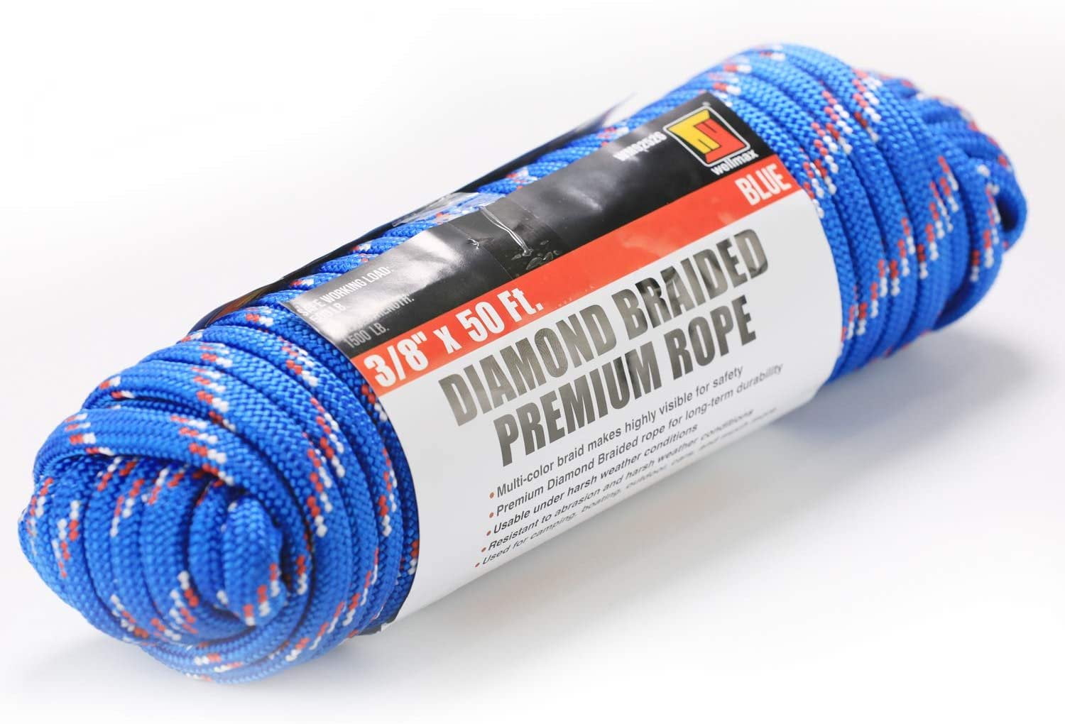 Wellmax Diamond Braid Nylon Rope, 3/8 inch by 50 Feet Blue Color