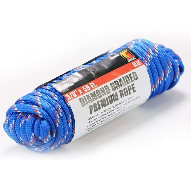Wellmax Diamond Braid Nylon Rope, 3/8 inch by 50 Feet Blue Color, Heavy  Duty 