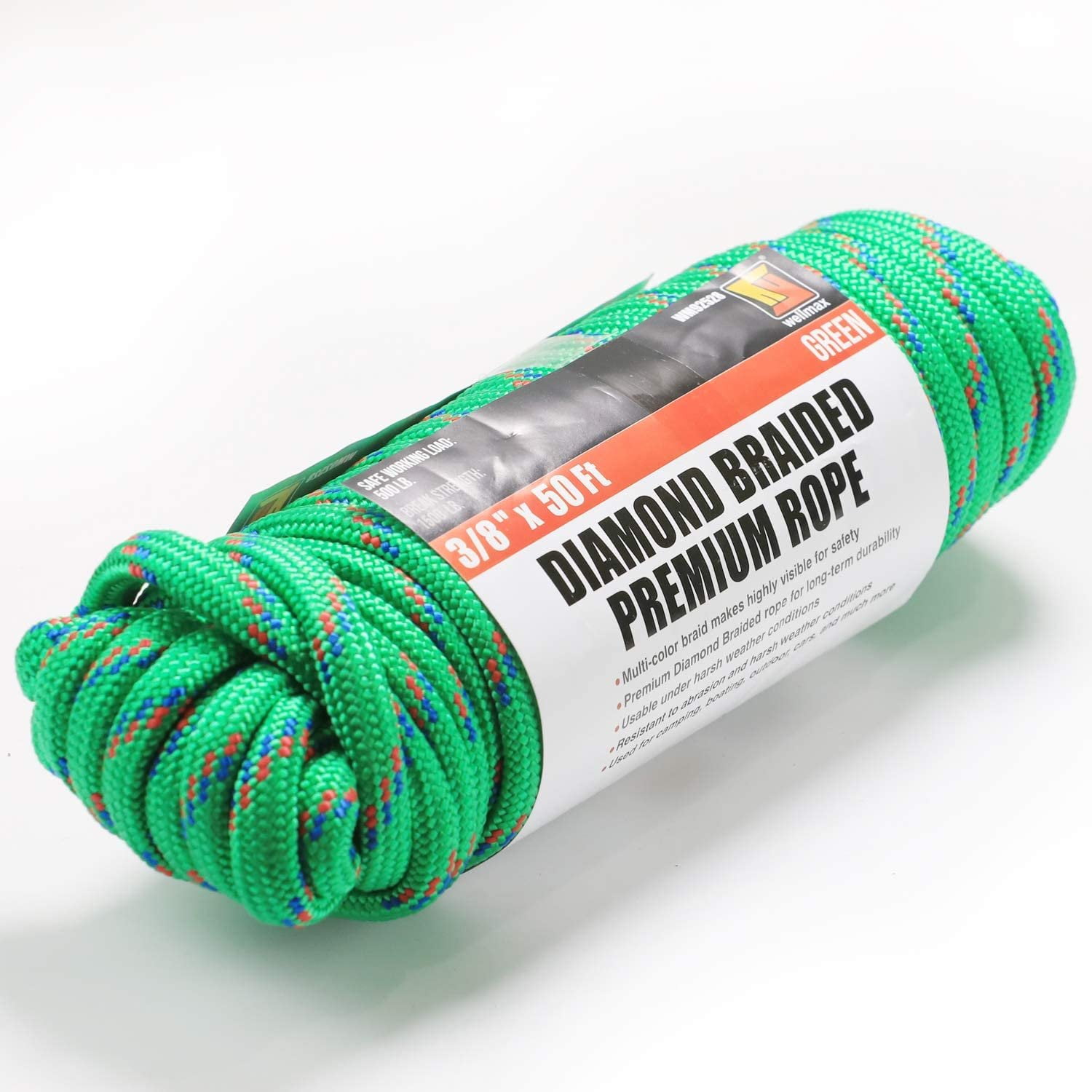 Wellmax Diamond Braid Nylon Rope, 3/8 inch by 50 Feet Green Color