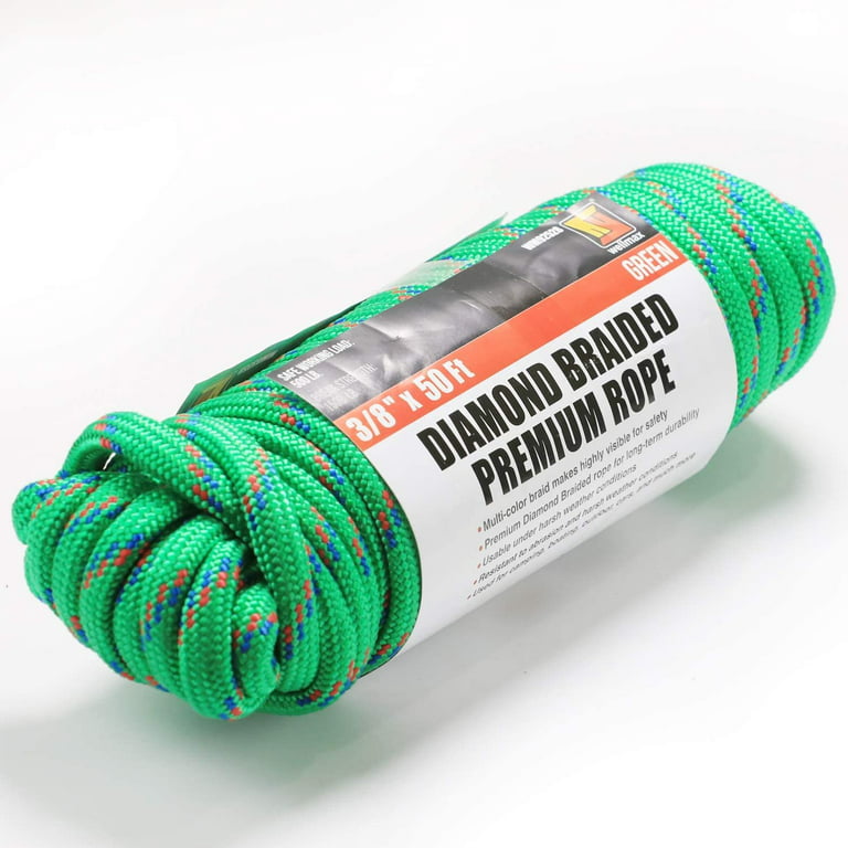 Wellmax Diamond Braid Nylon Rope, 3/8 inch by 50 Feet Green Color, Heavy  Duty