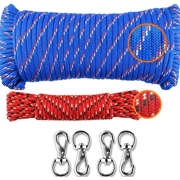 Wellmax Diamond Braided Nylon Rope with Uv Treatment and Weather Resistant, 2 Pack 1/4 Inch X 100ft, 3/16" X 25ft Multi-Color with 4 Bonus Quick Links