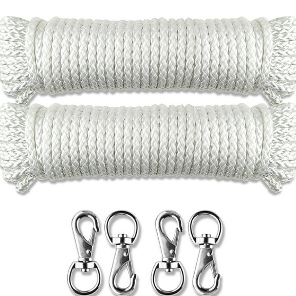Wellmax Diamond Braided Nylon Rope with Uv Treatment and Weather Resistant, 2 Pack 1/4 Inch X 50ft White with 4 Bonus Quick Links