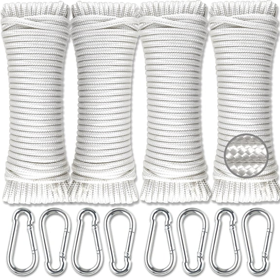Wellmax Diamond Braided Polypropylene Rope with UV Treatment and Weather Resistant, 4 Pack 3/16 inch x 50ft White and 8 Bonus Spring Links