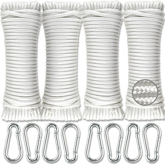 Wellmax Diamond Braided Polypropylene Rope with UV Treatment and Weather Resistant, 4 Pack 3/16 inch x 50ft White and 8 Bonus Spring Links