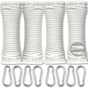 Wellmax Diamond Braided Polypropylene Rope with UV Treatment and Weather Resistant, 4 Pack 3/16 inch x 50ft White and 8 Bonus Spring Links