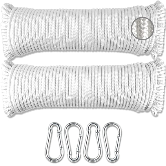 Wellmax Diamond Braided Polypropylene Rope with Uv Treatment and Weather Resistant, 2 Pack 3/16 Inch X 100ft White with 4 Bonus Spring Links