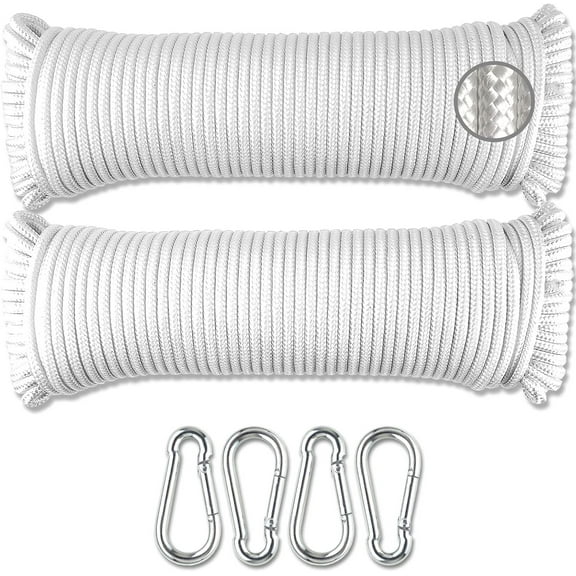 Wellmax Diamond Braided Polypropylene Rope with Uv Treatment and Weather Resistant, 2 Pack 3/16 Inch X 100ft White with 4 Bonus Spring Links